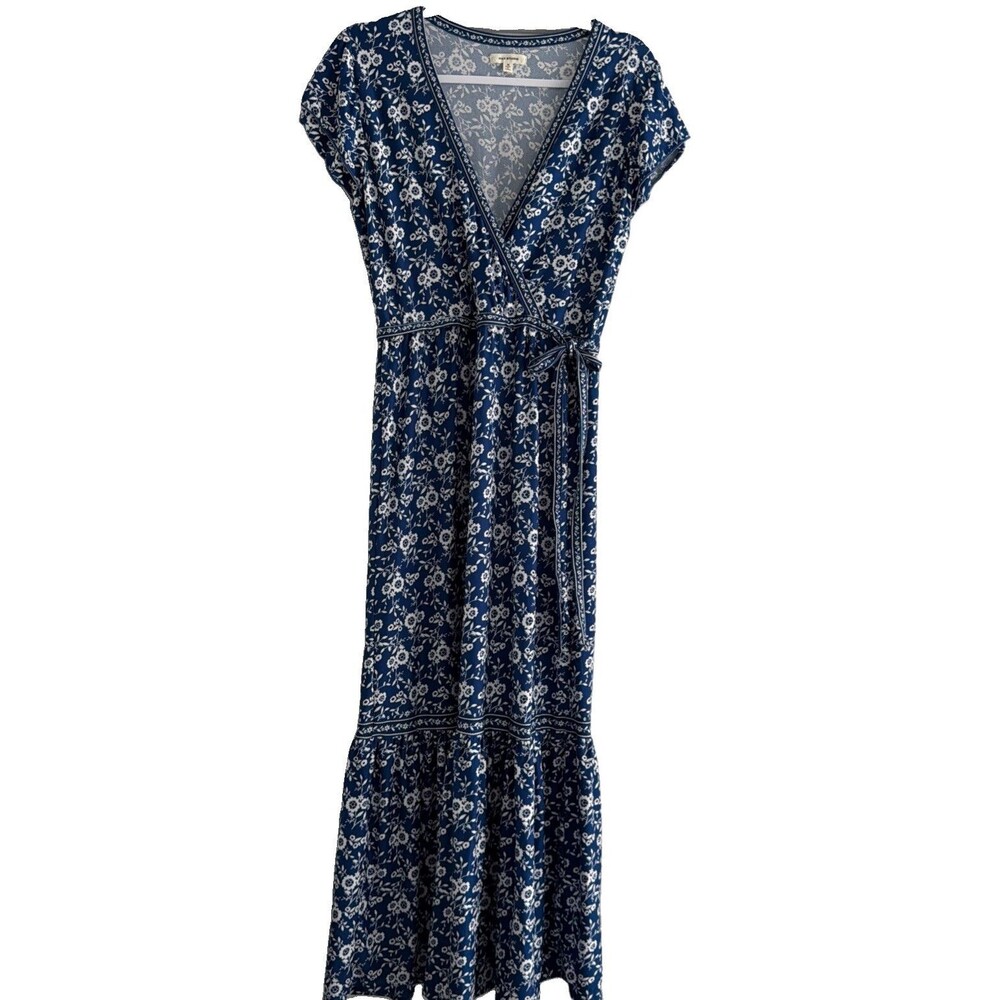 Max Studio med Blue Floral Maxi Dress Faux Wrap Tie Modest CottageCore Boho Chic